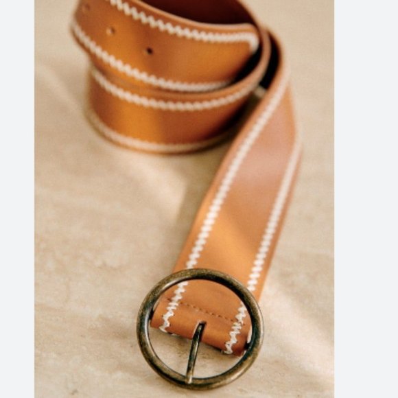 Sezane Alicia Leather Belt Natural Tan color with white Embroidery Size 80 - Picture 2 of 6